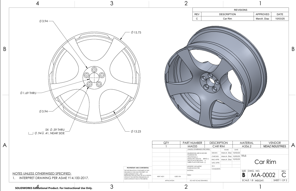 Car Rims Tech Drawing MarcAnthony's Engineering Portfolio